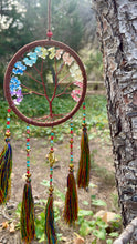 Load image into Gallery viewer, Tree of life dream catcher with crystals and tassels.
