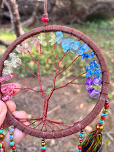 Load image into Gallery viewer, Tree of life dream catcher with crystals and tassels.