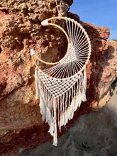 Load image into Gallery viewer, Moon dreamcatcher with feathers and bamboo.