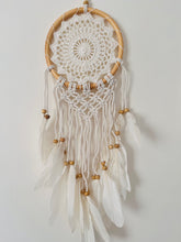 Load image into Gallery viewer, White dream catcher with feathers.