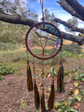 Load image into Gallery viewer, Tree of life dream catcher with crystals and tassels.