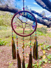 Load image into Gallery viewer, Tree of life dream catcher with crystals and tassels.