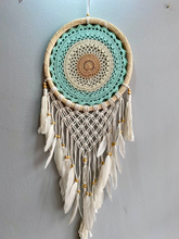Load image into Gallery viewer, Boho dream catcher with feathers and rattan frame.