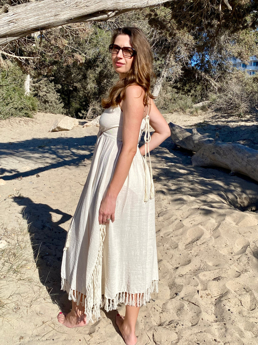 White boho long dress from raw organic cotton. – Be unique Ibiza