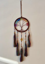 Load image into Gallery viewer, Tree of life dream catcher with crystals and tassels.
