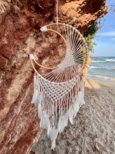 Load image into Gallery viewer, Moon dreamcatcher with feathers and bamboo.
