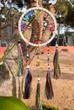 Load image into Gallery viewer, White tree of life dream catcher with crystals and tassels.