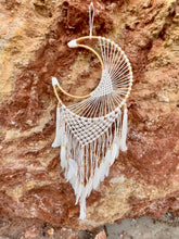 Load image into Gallery viewer, Moon dreamcatcher with feathers and bamboo.