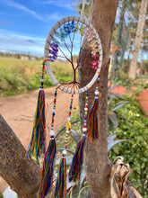 Load image into Gallery viewer, White tree of life dream catcher with crystals and tassels.