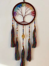 Load image into Gallery viewer, Tree of life dream catcher with crystals and tassels.