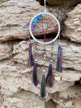 Load image into Gallery viewer, White tree of life dream catcher with crystals and tassels.