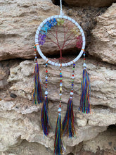 Load image into Gallery viewer, White tree of life dream catcher with crystals and tassels.