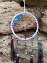Load image into Gallery viewer, White tree of life dream catcher with crystals and tassels.