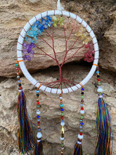 Load image into Gallery viewer, White tree of life dream catcher with crystals and tassels.