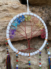 Load image into Gallery viewer, White tree of life dream catcher with crystals and tassels.
