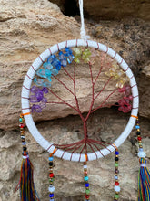Load image into Gallery viewer, White tree of life dream catcher with crystals and tassels.