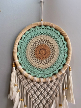 Load image into Gallery viewer, Boho dream catcher with feathers and rattan frame.