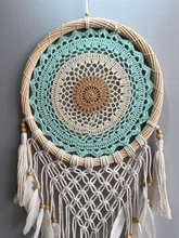 Load image into Gallery viewer, Boho dream catcher with feathers and rattan frame.
