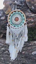 Load and play video in Gallery viewer, Boho dreamcatcher with feathers and rattan frame.