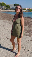 Load and play video in Gallery viewer, Olive green beach boho short dress from sustainable fabric.