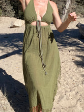 Load image into Gallery viewer, Olive green long boho dress made from Rami plant fiber.
