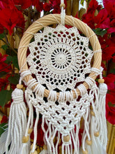 Load image into Gallery viewer, White dream catcher with feathers and rattan frame.
