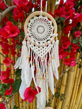 Load image into Gallery viewer, White dream catcher with feathers and rattan frame.
