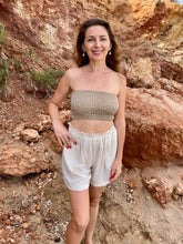 Load image into Gallery viewer, Beige Shirred Crop Tube Top - Handwoven Raw Organic Cotton Beach Top
