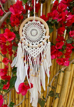 Load image into Gallery viewer, White dream catcher with feathers and rattan frame.
