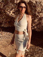 Sleeveless wrap top from raw organic cotton.