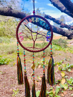 Tree of life dream catcher with crystals and tassels.