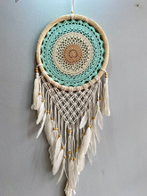 Load image into Gallery viewer, Boho dream catcher with feathers and rattan frame.
