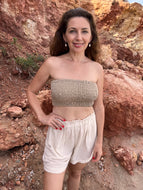 Beige Shirred Crop Tube Top - Handwoven Raw Organic Cotton Beach Top