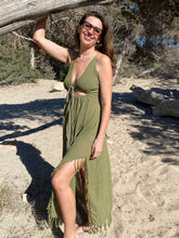 Load image into Gallery viewer, Olive green long boho dress made from Rami plant fiber.
