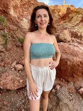 Load image into Gallery viewer, Turquoise shirred tube top from raw organic cotton.
