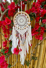 Load image into Gallery viewer, White dream catcher with feathers and rattan frame.
