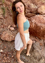 Load image into Gallery viewer, Turquoise shirred tube top from raw organic cotton.
