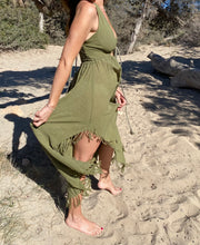 Load image into Gallery viewer, Olive green long boho dress made from Rami plant fiber.
