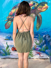 Load image into Gallery viewer, Olive green beach boho short dress from sustainable fabric.
