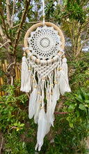 Load image into Gallery viewer, White dream catcher with feathers and rattan frame.
