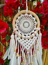 Load image into Gallery viewer, White dream catcher with feathers and rattan frame.
