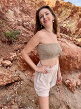 Load image into Gallery viewer, Beige Shirred Crop Tube Top - Handwoven Raw Organic Cotton Beach Top
