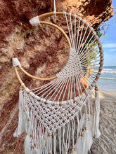 Load image into Gallery viewer, Moon dreamcatcher with feathers and bamboo.
