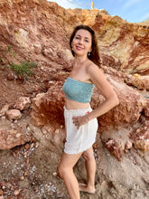 Load image into Gallery viewer, Turquoise shirred tube top from raw organic cotton.
