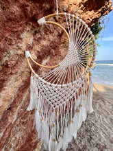 Load image into Gallery viewer, Moon dreamcatcher with feathers and bamboo.
