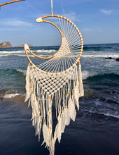 Load image into Gallery viewer, Moon dreamcatcher with feathers and bamboo.
