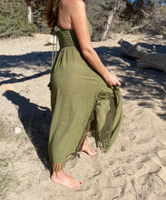 Load image into Gallery viewer, Olive green long boho dress made from Rami plant fiber.
