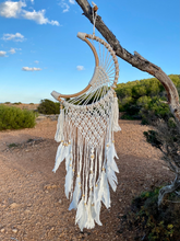 Load image into Gallery viewer, Moon dreamcatcher with feathers and bamboo.
