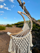 Load image into Gallery viewer, Moon dreamcatcher with feathers and bamboo.
