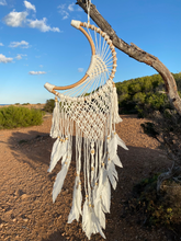 Load image into Gallery viewer, Moon dreamcatcher with feathers and bamboo.
